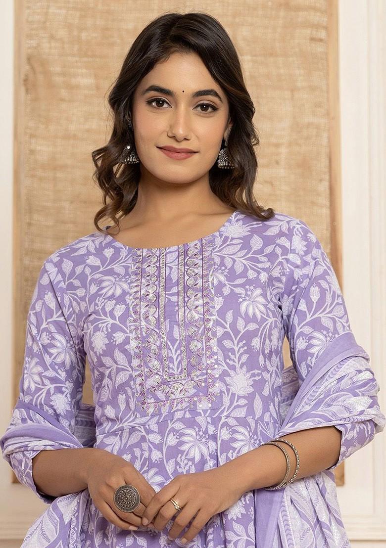 Purple Printed Cotton Kurta Set