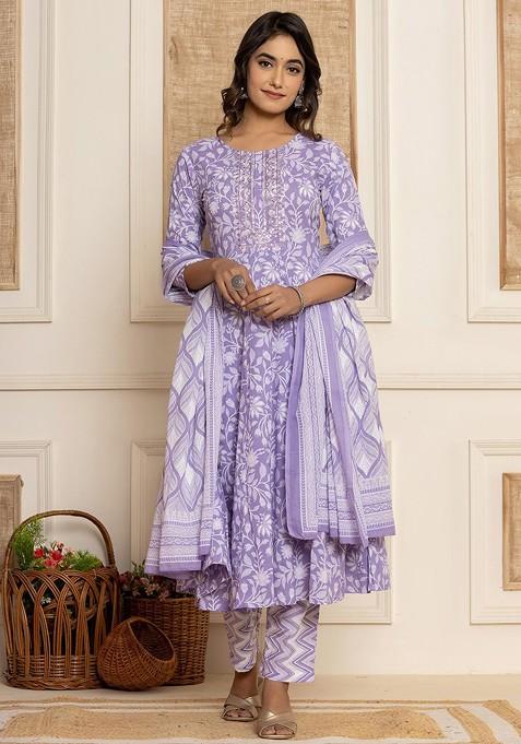 Purple Chikankari Cotton A Line Kurta Set — view on Indya