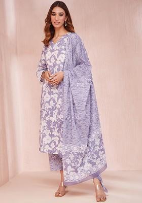 Purple Printed Cotton Kurta Set