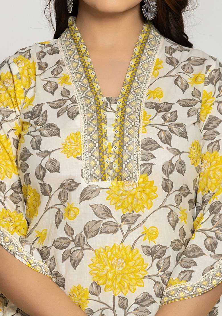 Yellow Floral Print Cotton Straight Kurta Set - Indya