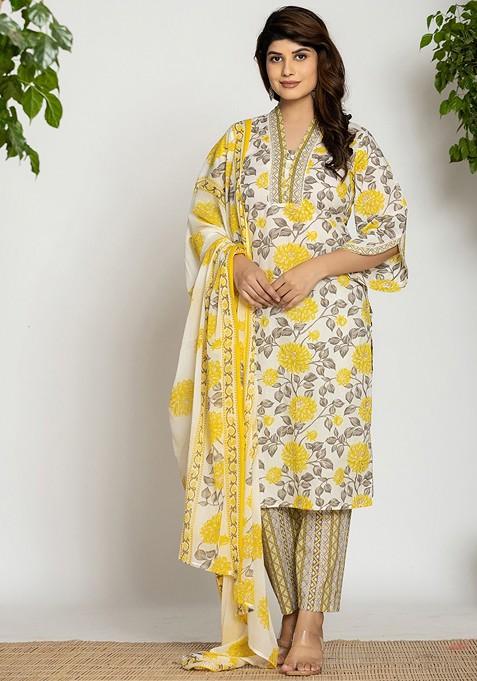 Yellow Floral Print Cotton Straight Kurta Set