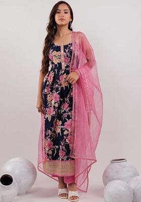 Blue Embroidered Cotton Kurta Set