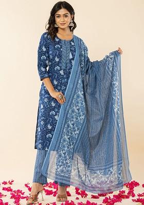 Blue Printed Cotton Kurta Set