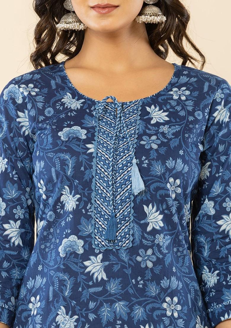 Blue Printed Cotton Kurta Set