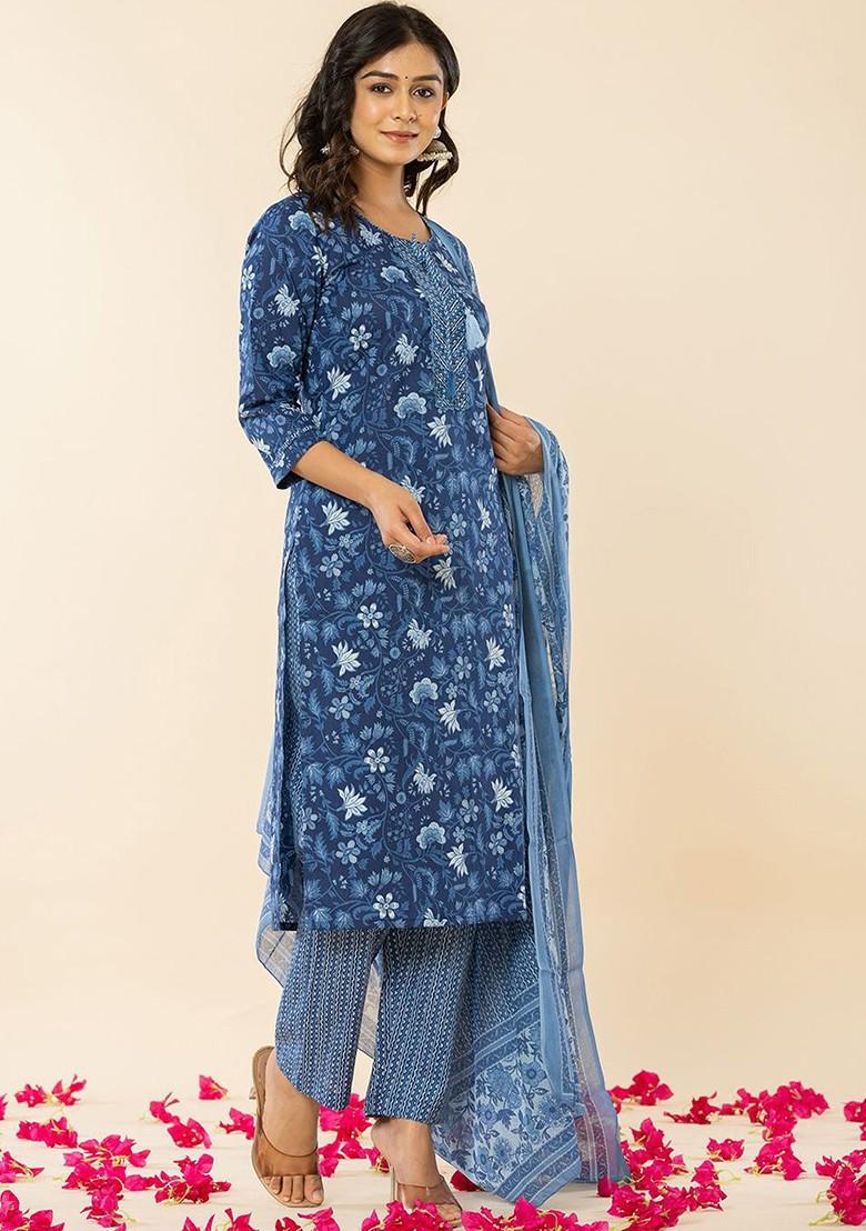 Blue Printed Cotton Kurta Set