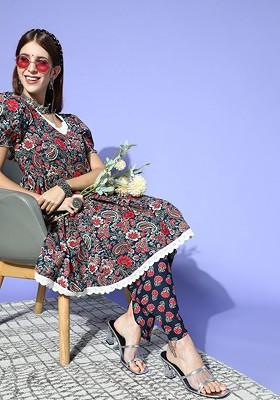 Blue Printed Cotton Kurta Set