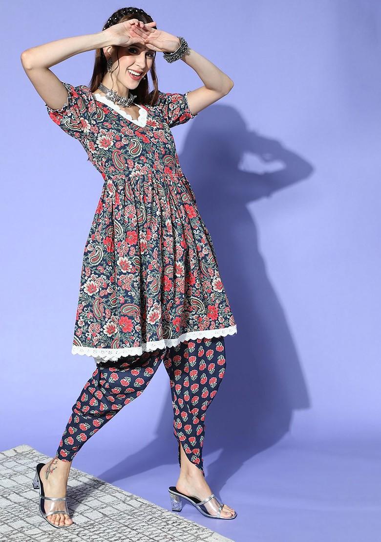 Blue Printed Cotton Kurta Set