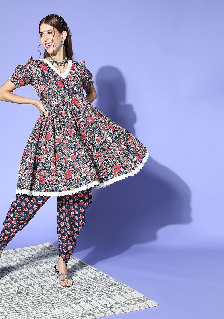 Blue Printed Cotton Kurta Set