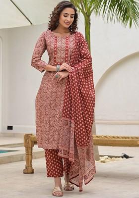 Maroon Printed Cotton Kurta Set