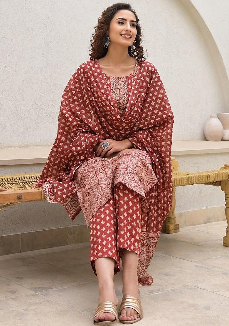 Maroon Printed Cotton Kurta Set