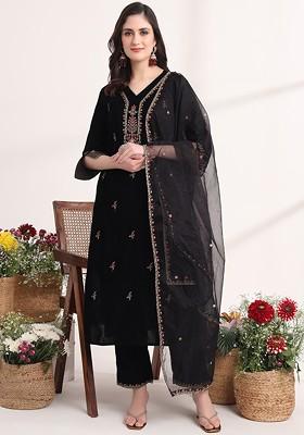 Black Embroidered Poly Blend Kurta Set
