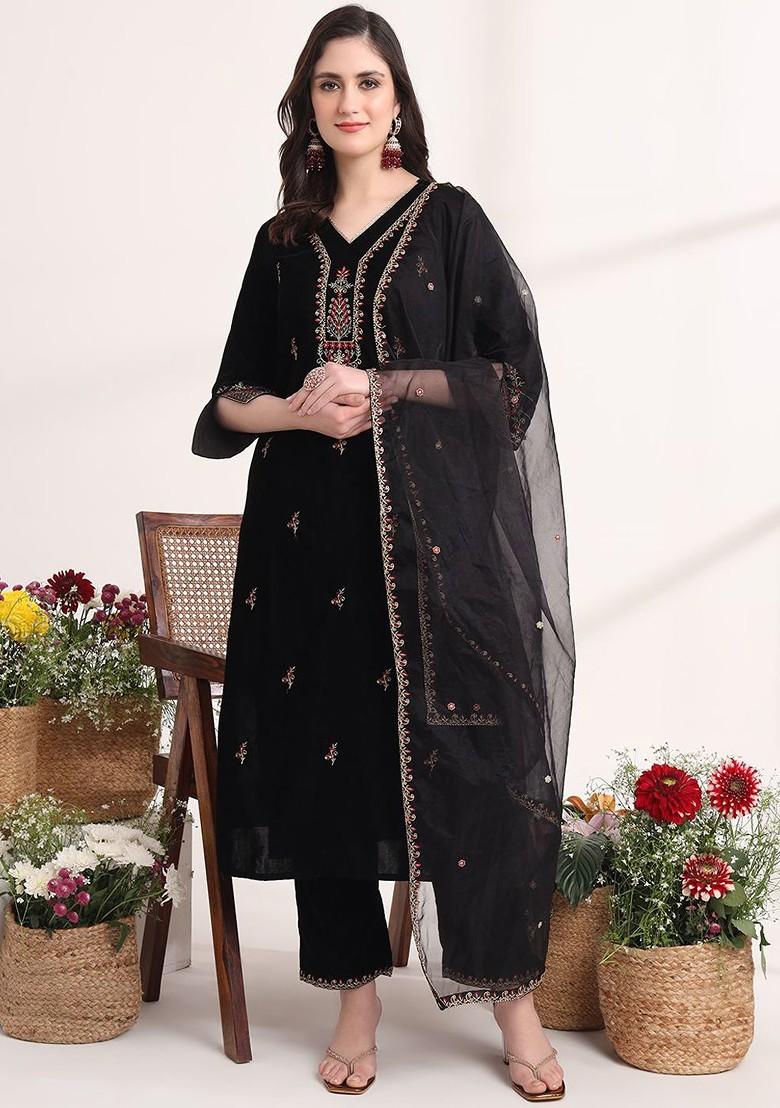 Black Embroidered Poly Blend Kurta Set