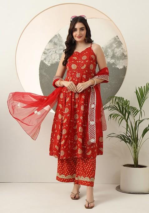 Red Printed Cotton Kurta Set