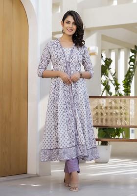 Purple Printed Cotton Kurta Set