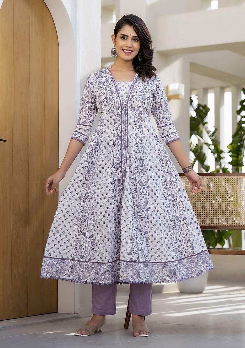 Purple Printed Cotton Kurta Set