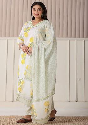 White Printed Cotton Kurta Set