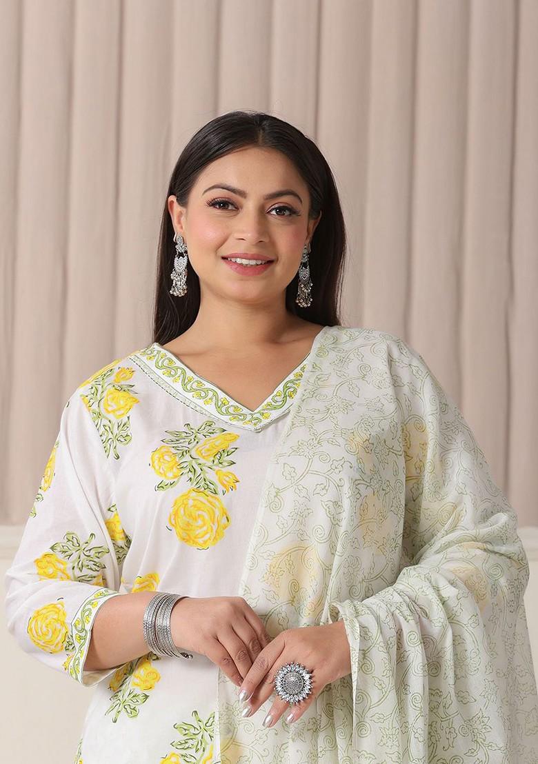 White Printed Cotton Kurta Set