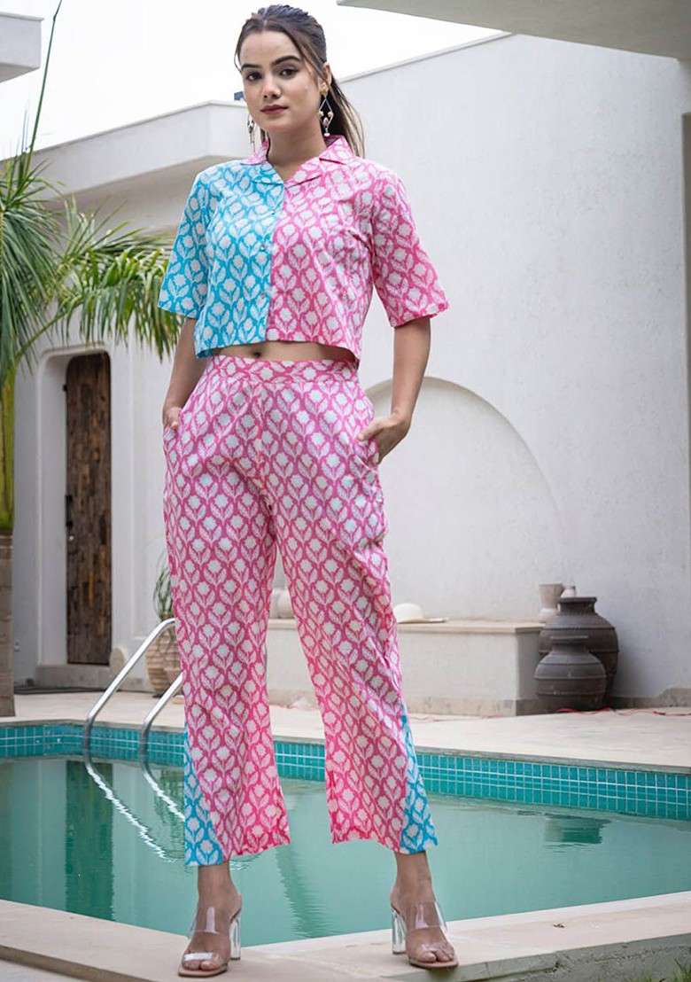 Pink Printed Cotton Co Ord Set - Indya