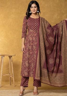 Maroon Printed Cotton Kurta Set
