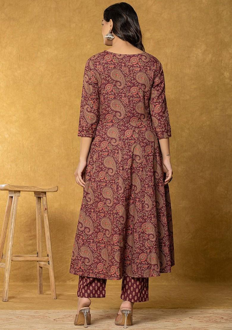 Maroon Printed Cotton Kurta Set