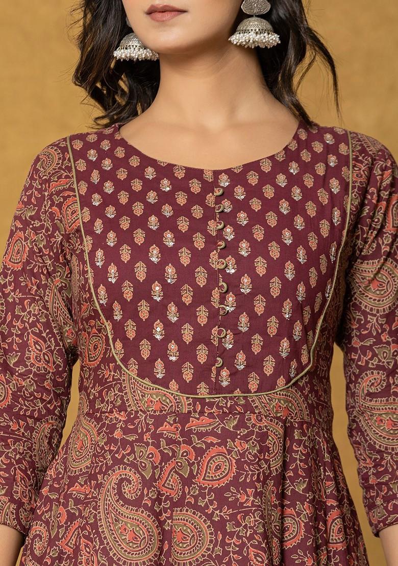 Maroon Printed Cotton Kurta Set