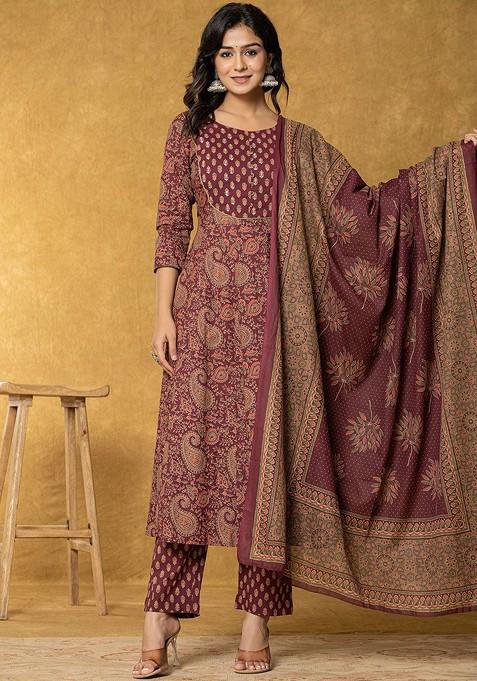 Maroon Printed Cotton Kurta Set