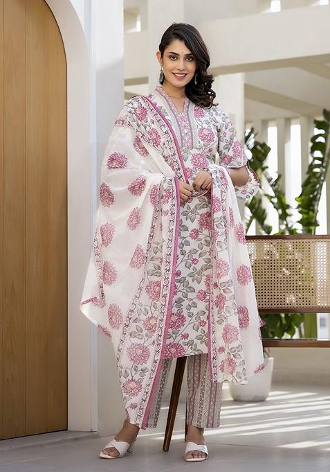 Pink Floral Print Cotton Straight Kurta Set