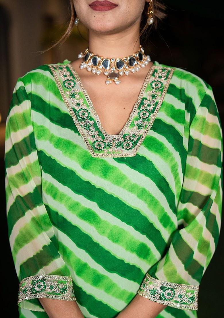 Green Printed Poly Blend Kurta Set