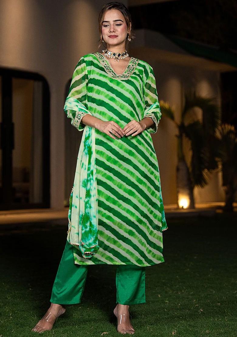 Green Printed Poly Blend Kurta Set