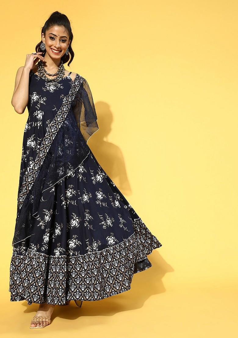 Blue Poly Blend Anarkali Kurta