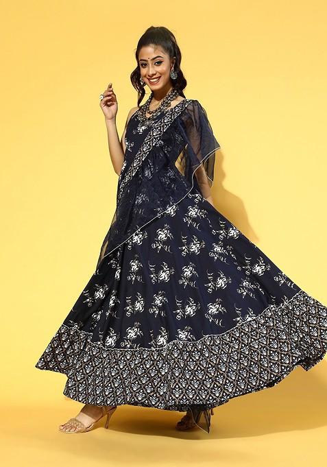 Blue Poly Blend Anarkali Kurta