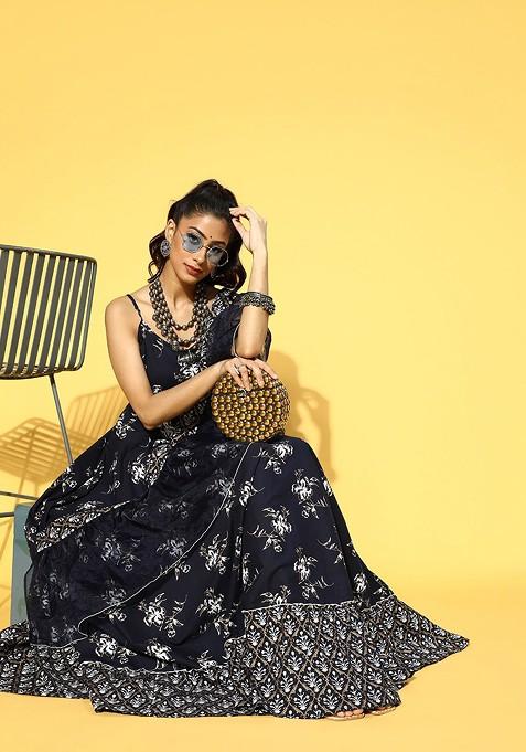 Blue Poly Blend Anarkali Kurta