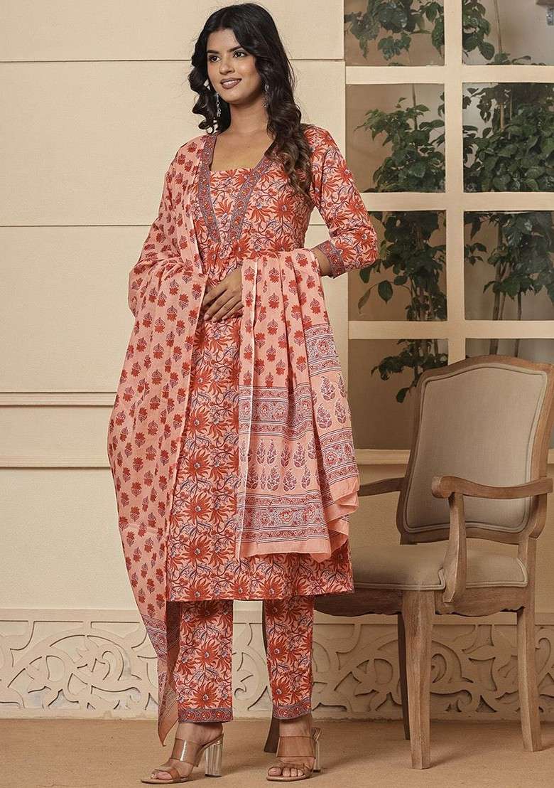 Peach Printed Cotton A Line Kurta Set - Indya