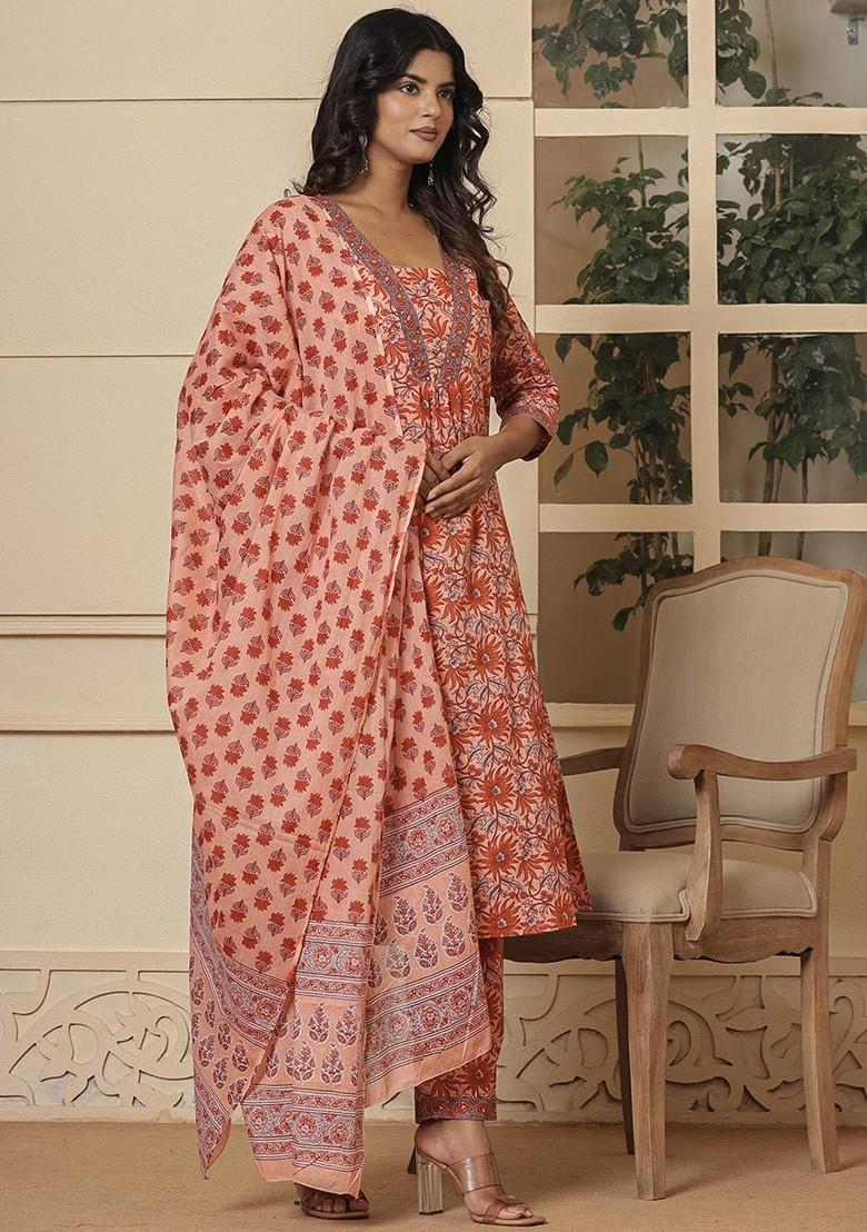 Peach Printed Cotton Kurta Set