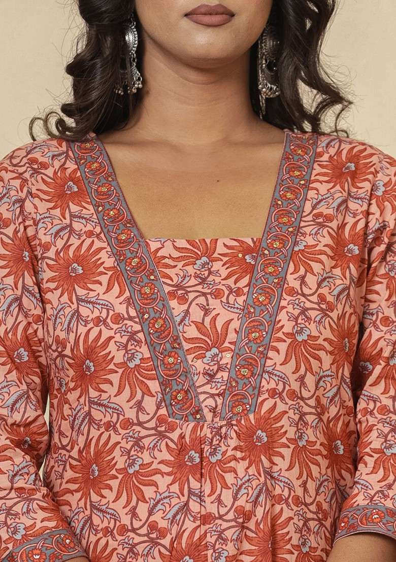 Peach Printed Cotton A Line Kurta Set - Indya
