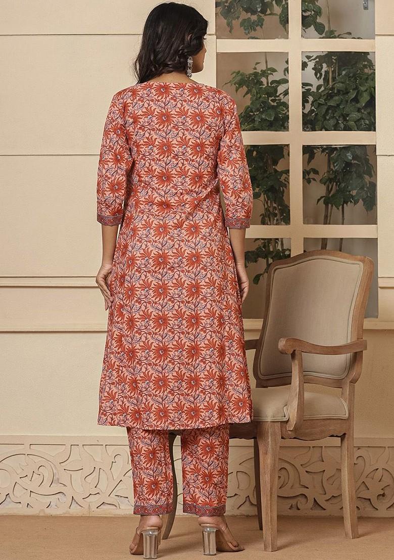 Peach Printed Cotton Kurta Set