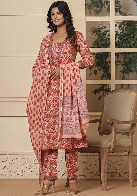 Peach Printed Cotton Kurta Set