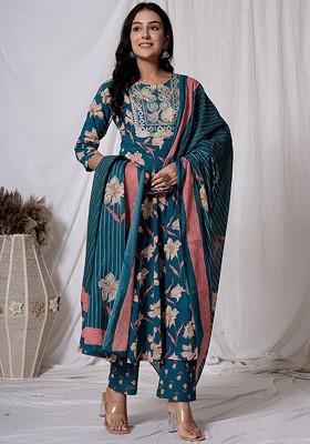 Green Printed Cotton Kurta Set