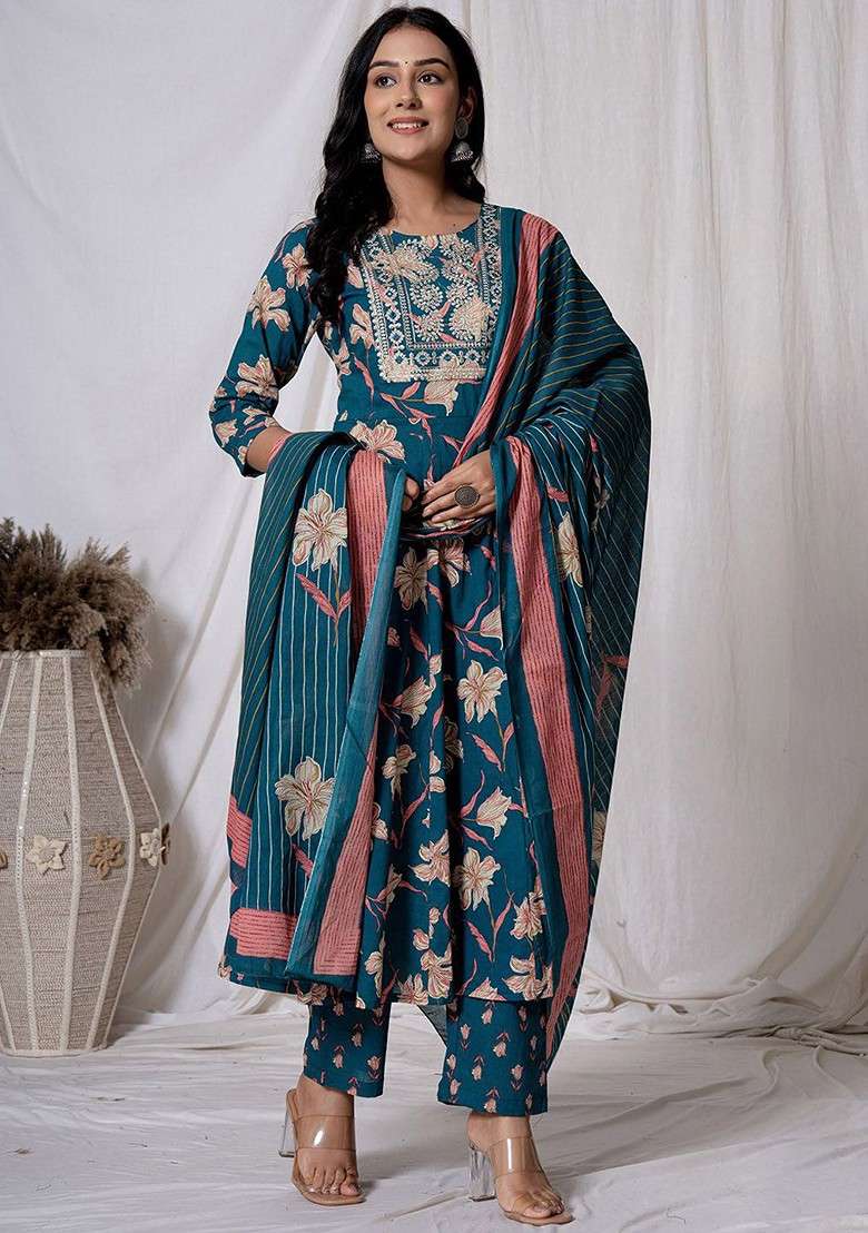 Green Embroidered Cotton A Line Kurta Set - Indya