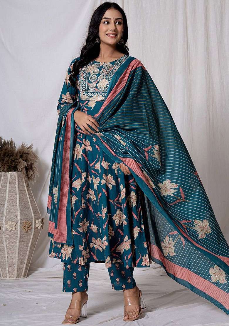 Green Embroidered Cotton A Line Kurta Set - Indya