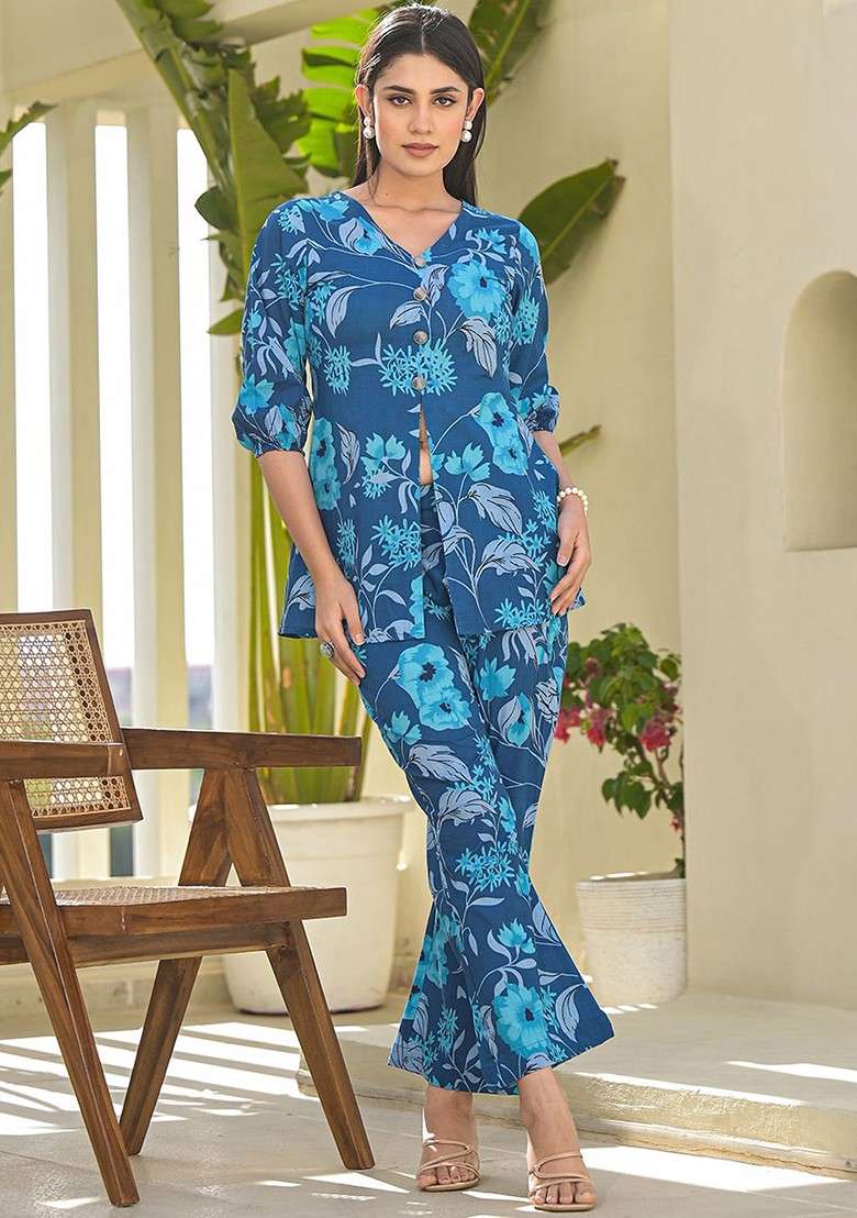 Blue Printed Cotton Co Ord Set - Indya