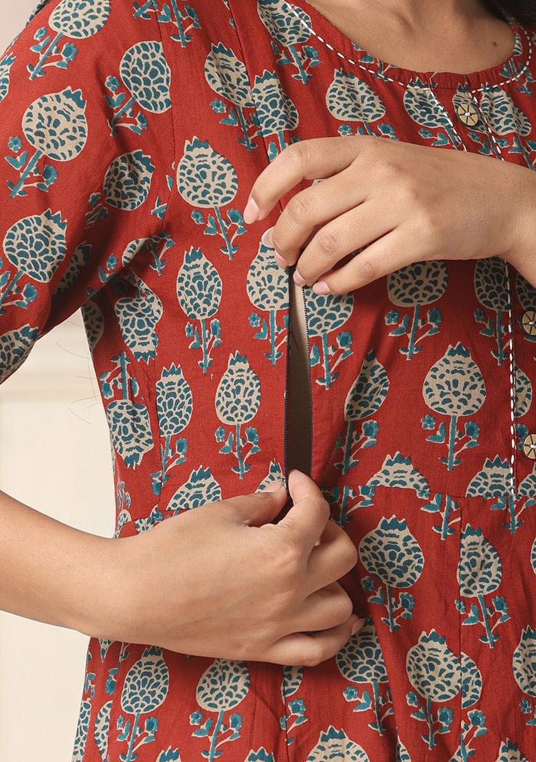 Red Printed Cotton Kurta Set
