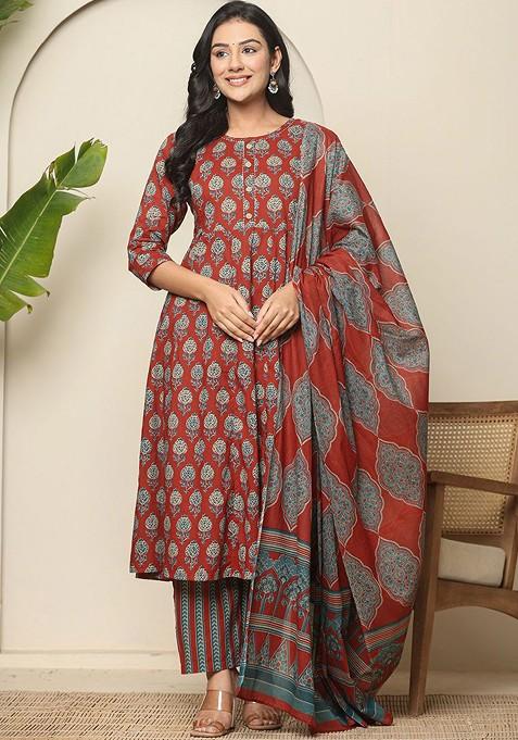 Red Printed Cotton Kurta Set