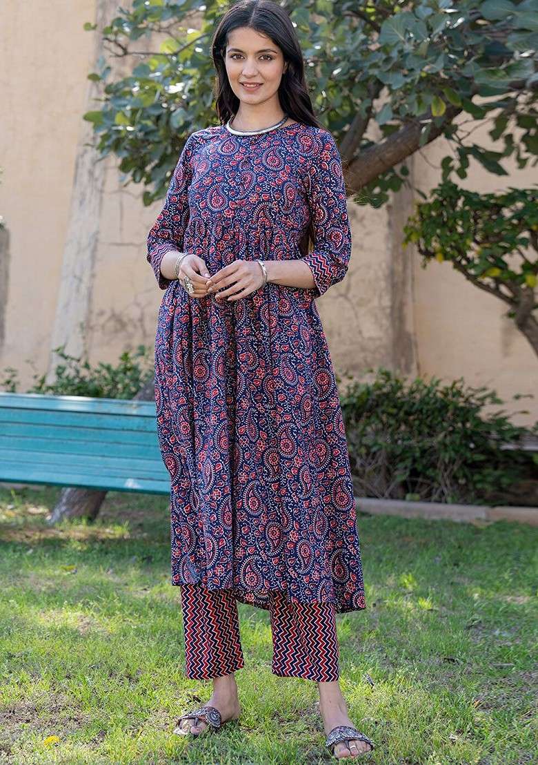 Red Printed Cotton A Line Kurta Set - Indya