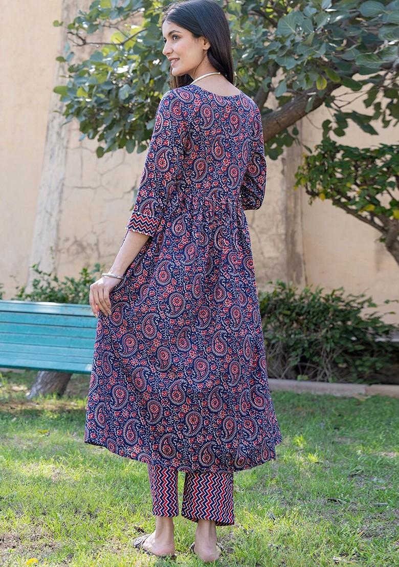 Red Printed Cotton Kurta Set