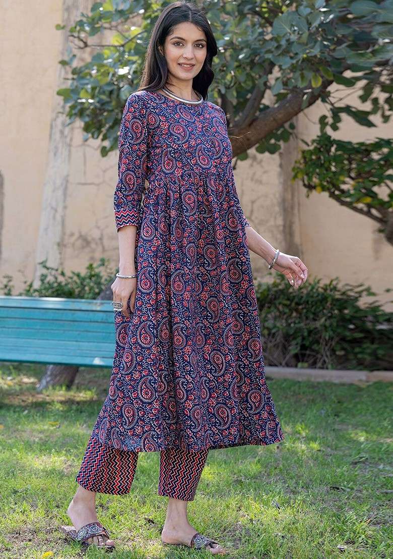 Red Printed Cotton A Line Kurta Set - Indya