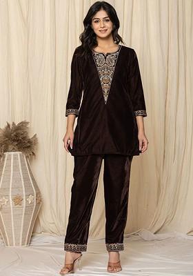 Brown Embroidered Poly Blend Co-Ord Set