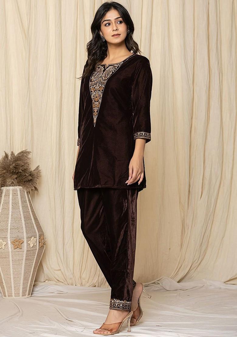 Brown Embroidered Poly Blend Co-Ord Set