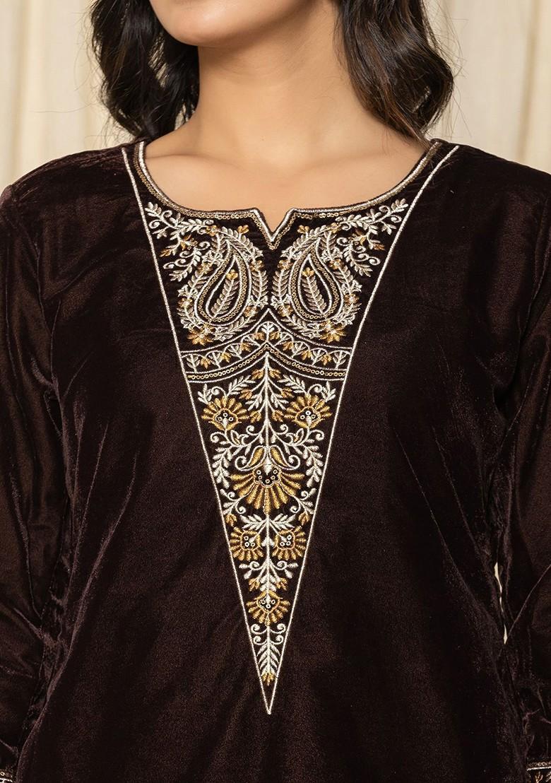 Brown Embroidered Poly Blend Co-Ord Set