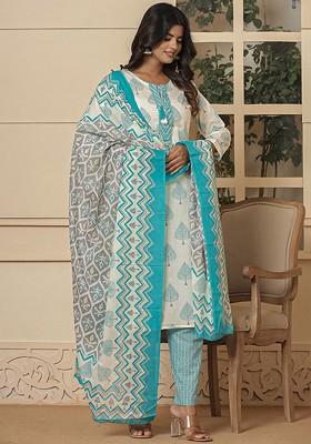 Blue Embroidered Cotton Kurta Set